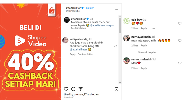 Foto: Capture postingan dan komen di Instagram Atta Halilintar