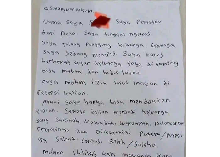 Surat anak kos yang numpang makan di nikahan orang tidak dikenal, meminta pemilik acara mengikhlaskan makanannya.