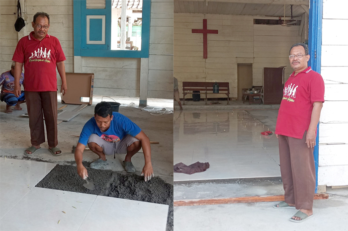 KERJA BAKTI:&nbsp;Pendeta GKJU Agus Tri Harjoko Dusun Kaliceret, Desa Mrisi, Kecamatan Tanggungharjo ikut kerja bhakti melakukan pembangunan gereja yang berdiri sejak tahun 1989 silam.