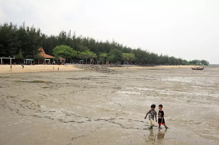 TERJEBAK LUMPUR: Anak-anak mencari ikan meski terjebak lumpur saat air laut surut di pantai Wates Kaliori, Senin (25/12).
