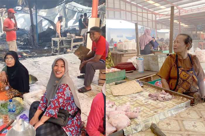 TAK TERDAMPAK: Beberapa penjual tetap berdagang di tempat kejadian kebakaran Pasar Ngawen, Blora, kemarin.