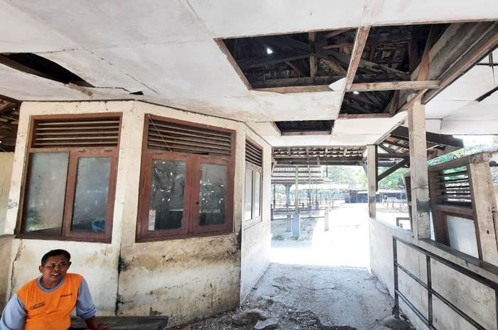 RUSAK: Kondisi Pasar Hewan Kunden yang memprihatinkan, salah satu bagian plafonnya ambrol.