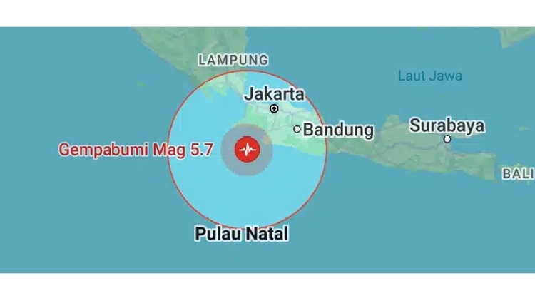 TITIK LOKASI: Gempa bumi (M) 5,7 di Bayah, Banten, Minggu (25/2).