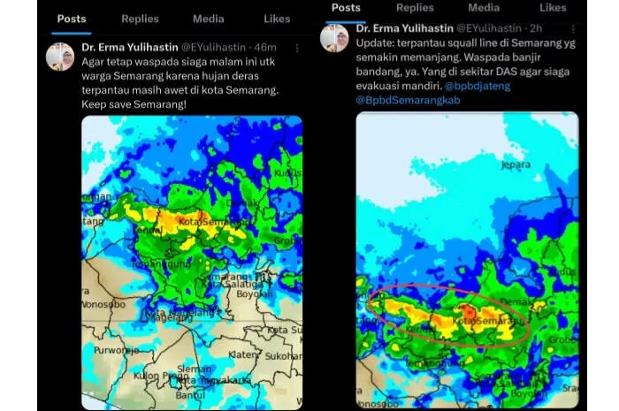 Unggahan Twitter Peneliti BRIN Dr Erma Yulihastin tentang hujan badai di Semarang.
