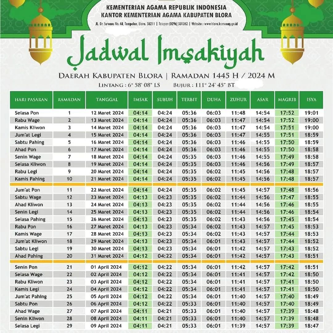 Jadwal imsakiyah, buka puasa dan waktu sholat selama Ramadan di wilayah Kabupaten Blora, Jawa Tengah.