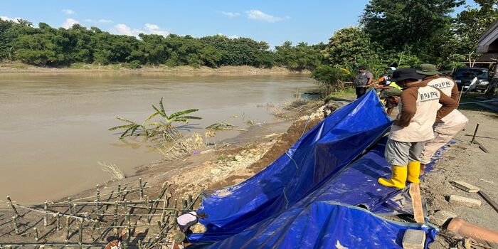 PENANGANAN DARURAT: Pekerja menutup tanggul Desa Panolan-Gadon yang sebelumnya longsor dengan terpal Kamis (20/3)