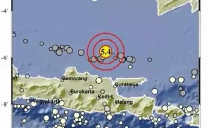 Titik lokasi gempa bumi di Tuban, Jatim hari ini, Jumat (22/3).