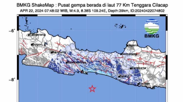 Gempa bumi M 4,9 Guncang Cilacap Jateng hari ini, Senin (22/4).