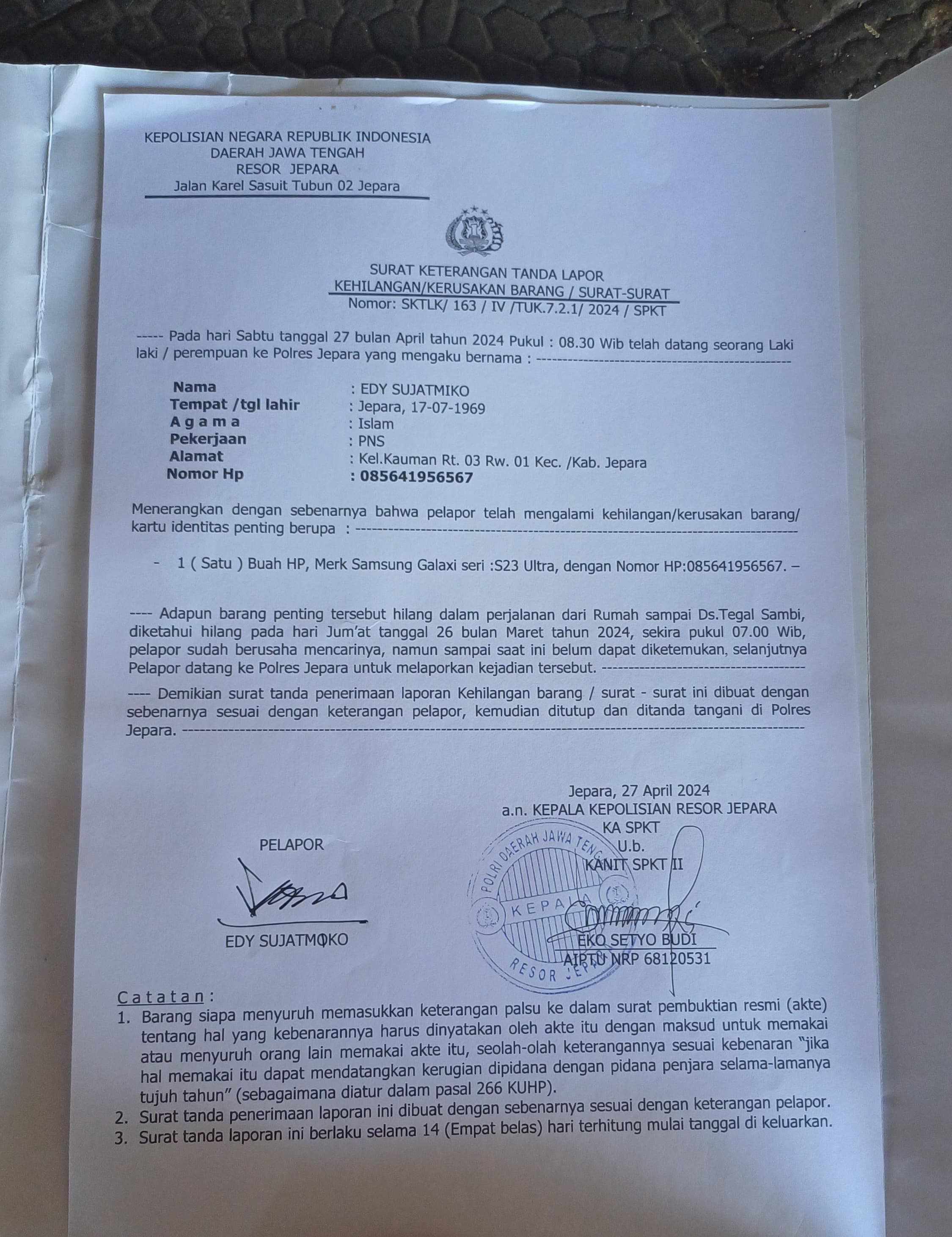 Surat kehilangan HP Sekretaris Daerah (Sekda) Edy Sujatmiko.
