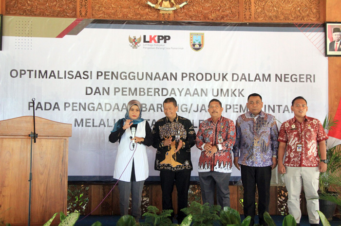 DIPACU: Anggota komisi XI DPR RI, Harmusa Oktaviani didampingi LKPP, Dindagkop dan PBJ Rembang saat membuka sosialisasi bersama UMKK kemarin.