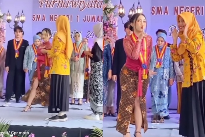 Seorang siswi berpose menempelkan jari di bibir berpakaian kebaya dengan rok belahan di atas paha viral di facebook.