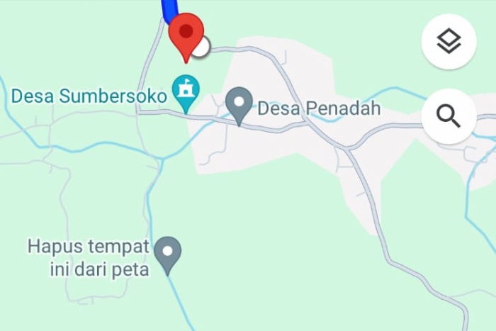 Tampak peta di aplikasi google maps yang memperlihatkan tanda lokasi desa penadah hingga kampung bandit di wilayah Desa Sumbersoko Kecamatan Sukolilo.