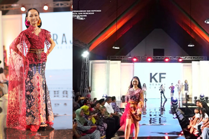 ANGKAT BATIK TULIS LASEM: Nadira, salah satu model mengenakan baju batik tulis Lasem saat fashionshow di Pasar Kreatif Lasem kemarin malam. Foto atas, para model cilik di catwalk.