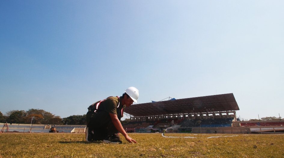 KEBUT: Petugas mengecek kondisi rumput lapangan Stadion GBK Jepara yang baru saja ditanam.