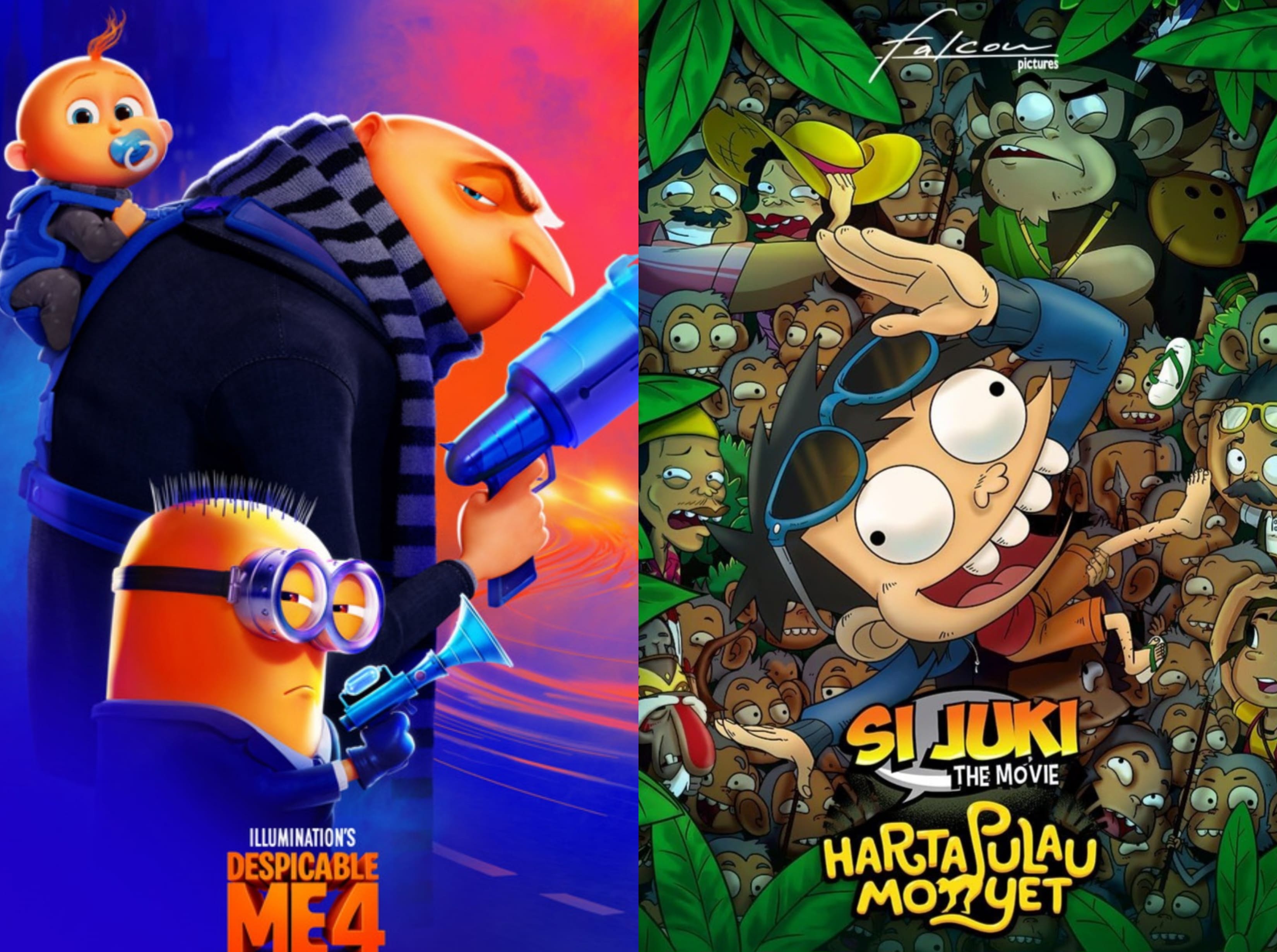 AKSI: Minions bersama Gru (gambar kiri) dalam Despicable Me 4 serta Si Juki (gambar kanan) dijadwalkan tayang di NSC Kudus.