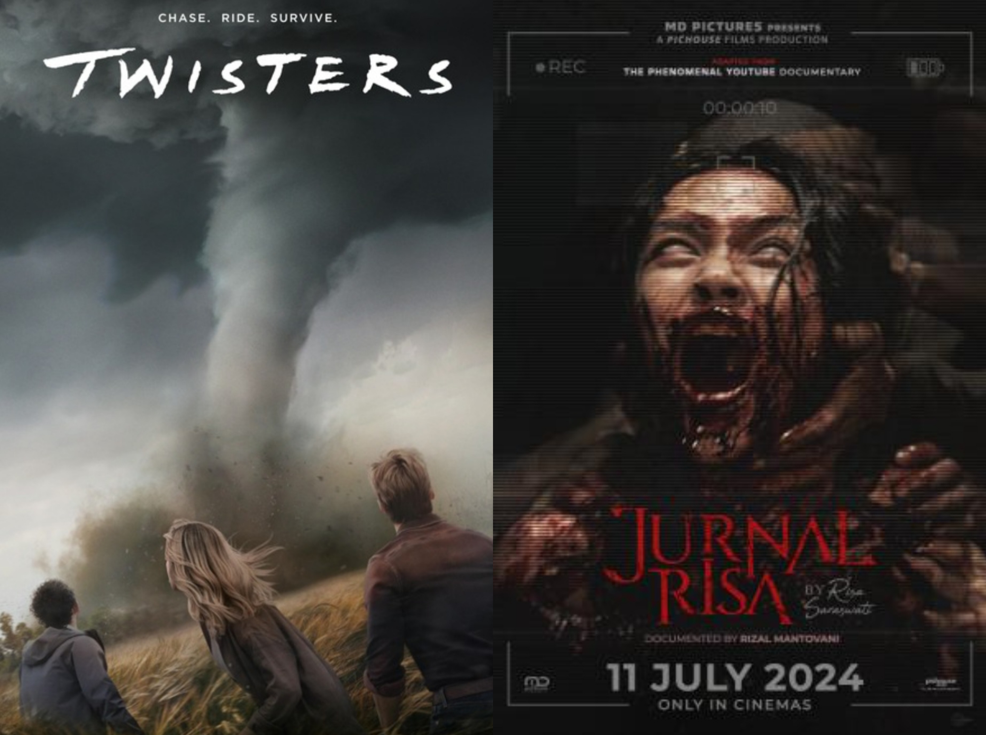 Poster film Twisters (kiri) dan Jurnal Risa (kanan).