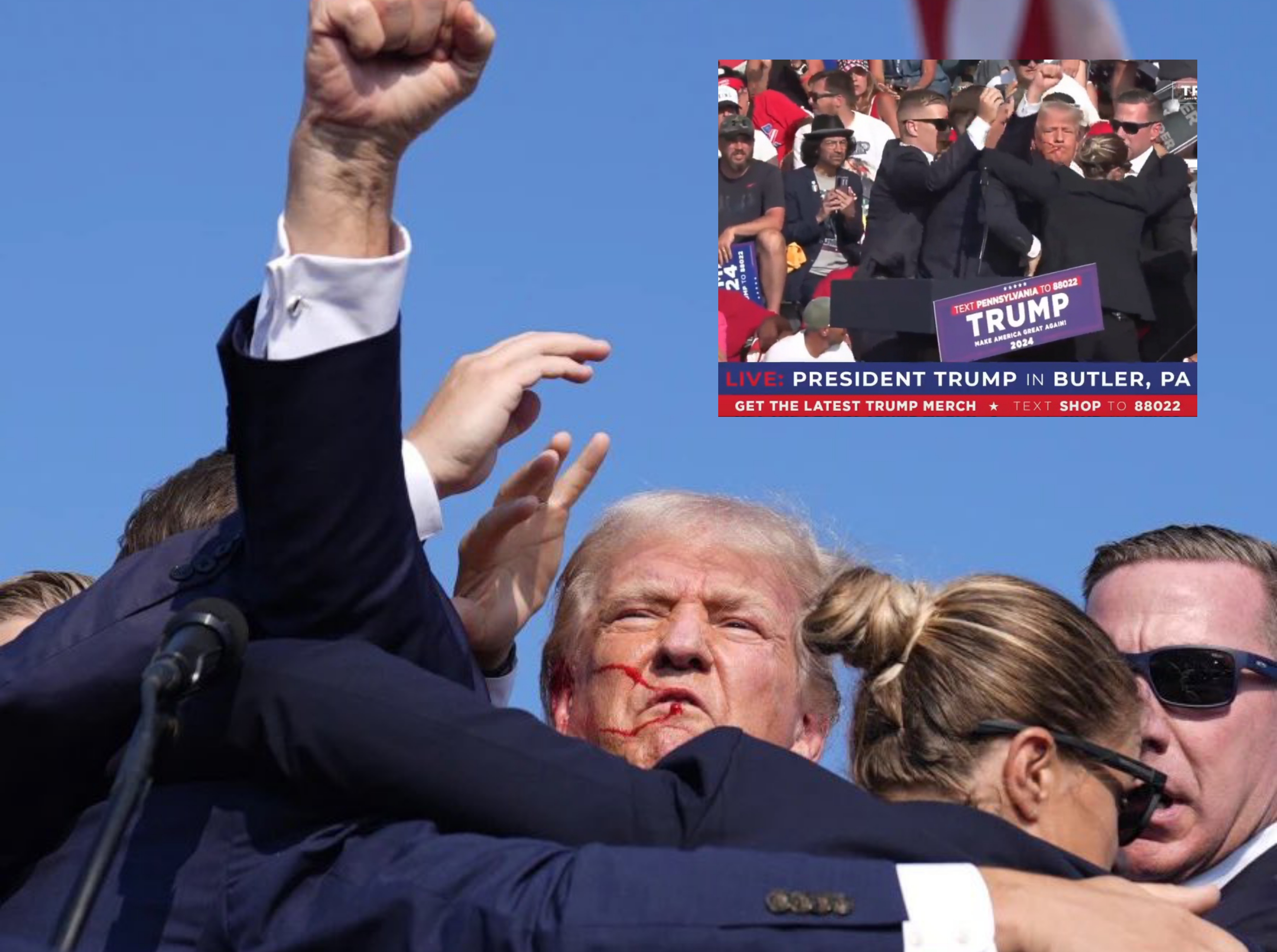Foto Trump mengepalkan tangan usai ditembak di Pennsylvania (13/7). Sumber foto x: @TomScibelli