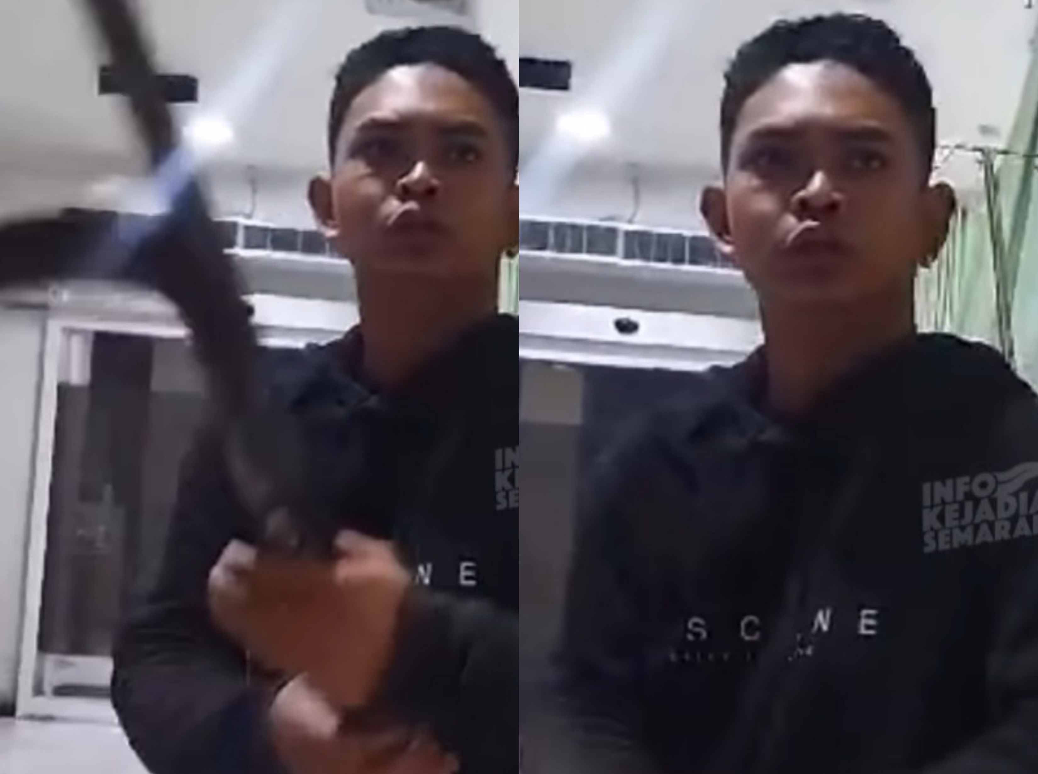 Tangkapan layar pelaku yang membawa senjata tajam. Sumber: infokejadian_semarang