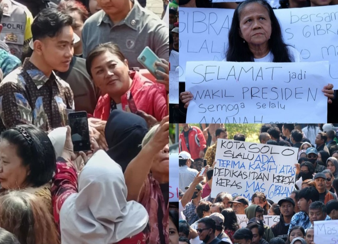 Gibran bertemu massa di Gedung DPRD Solo (17/7). Foto kiri: Antonius Chrisian via Radar Solo, foto kanan: Instagram @kabarsolo