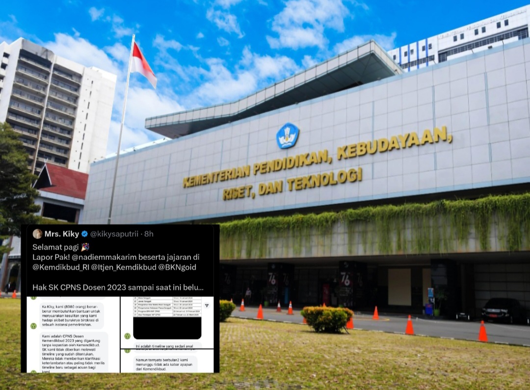 Foto Kemendikbud dan tangkapan layar tweet Kiky Saputri. Foto gedung: Kemendikbud.go.id