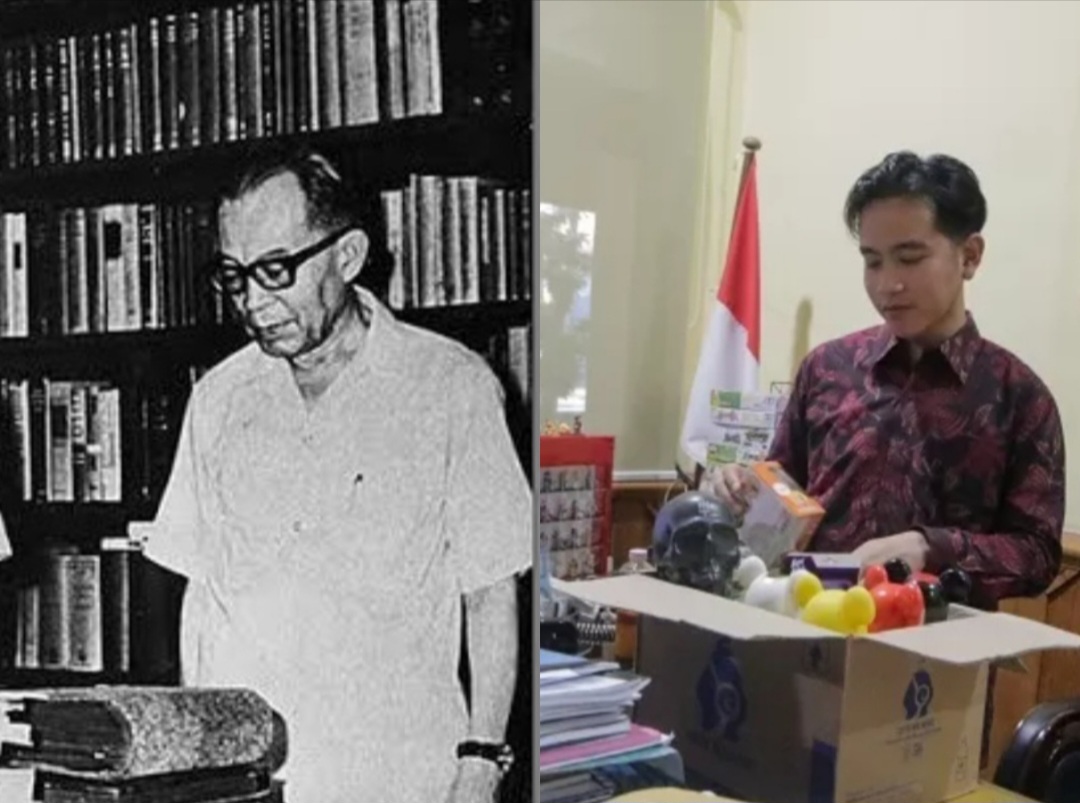 Salah satu gambar yang beredar usai Meja Kerja Gibran disorot. Foto Mohammad Hatta dan meja kerjanya (kiri), foto Gibran dan meja kerjanya (kanan). Twitter x @JhonSitorus_18