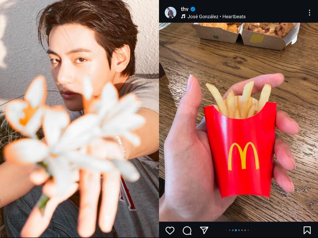Kiri: Foto lama Taehyung BTS. Kanan: produk McD yang ditampilkan Instagram Taehyung (21/7). Sumber: instagram @thv