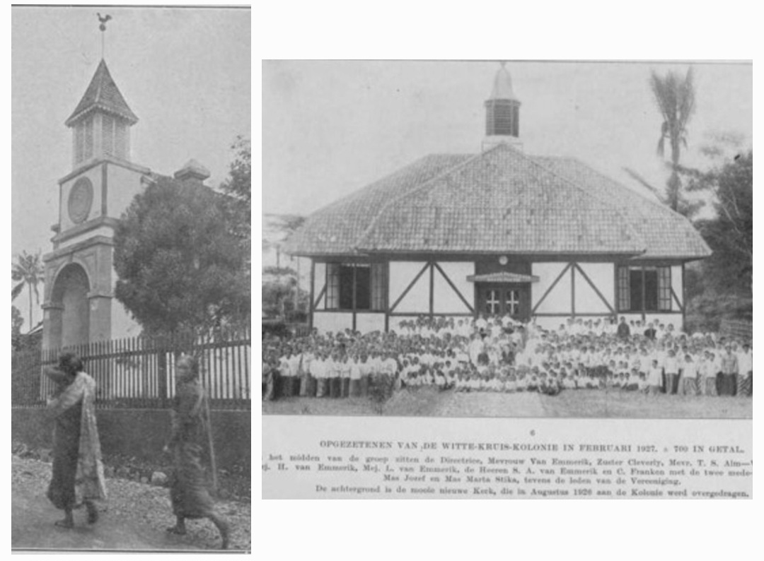 Warga Koloni Salib Putih sekitar tahun 1927 (kanan), Gereja Salatiga Zending (kiri). Sumber: Dokumentasi Adif Fahrizal dalam &ldquo;Salatiga: Riwayat Kehidupan Agama dan Sosial&rdquo; 2020.