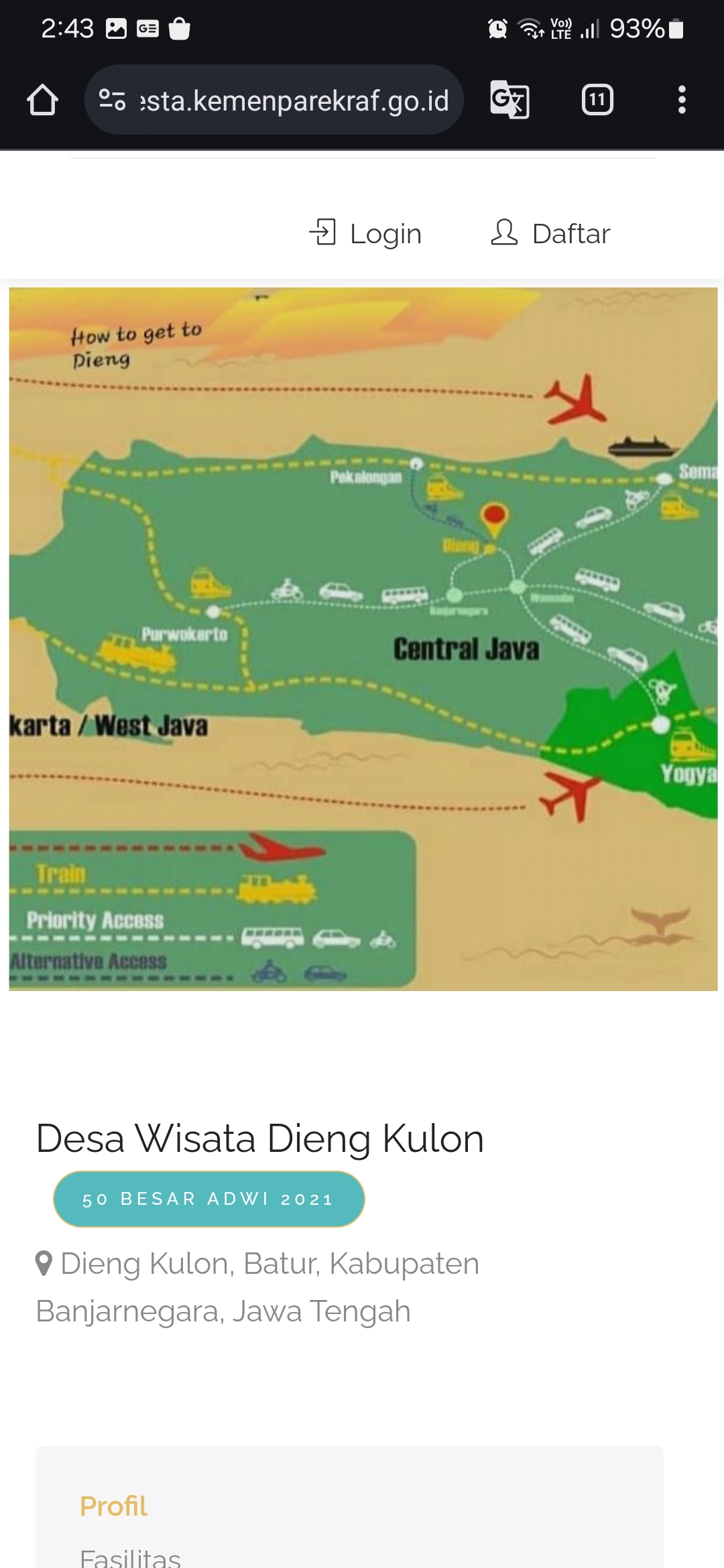 Peta menuju Dieng Jawa Tengah. Sumber: Laman Kemenparekraf RI