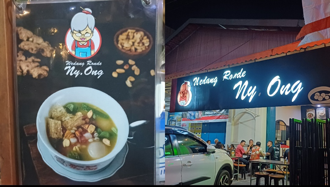 Menu dan tampilan depan warung Ronde Ny Ong di Salatiga.