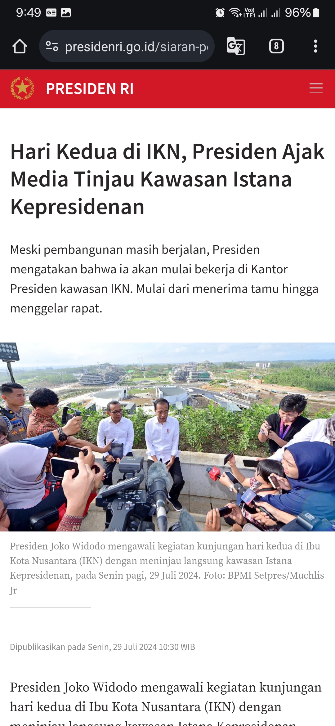 Presiden Jokowi bersama Media saat mulai ngantor di IKN (29/7/2024). Foto: BPMI Setpres