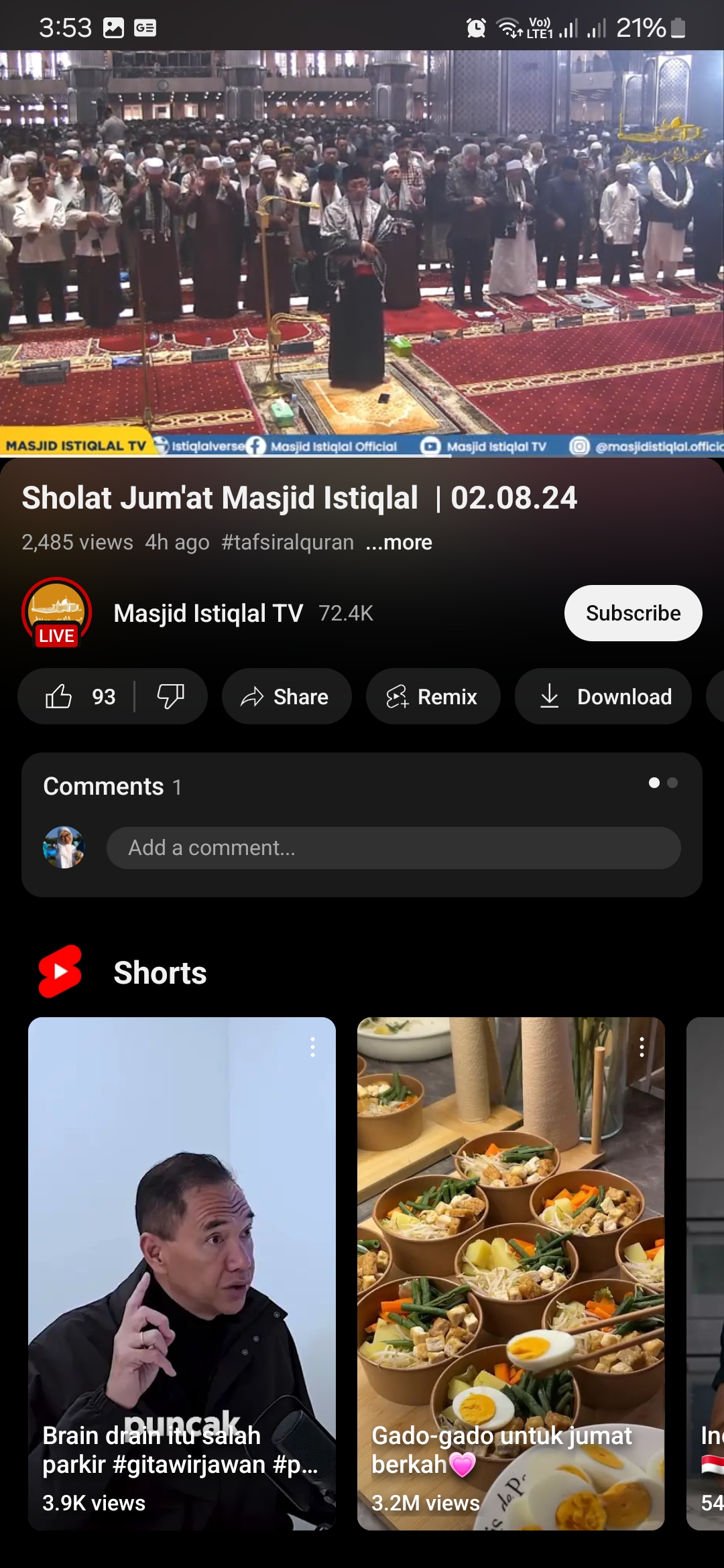 Prosesi salat Gaib di Masjid Istiqlal pada Jumat (2/8/2024). Sumber: Masjid Istiqlal TV