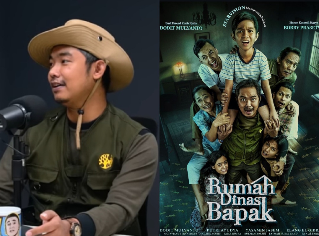 Dodit Mulyanto bercerita dalam podcast Youtube Raditya Dika (kiri). Poster film Rumah Dinas Bapak (kanan)