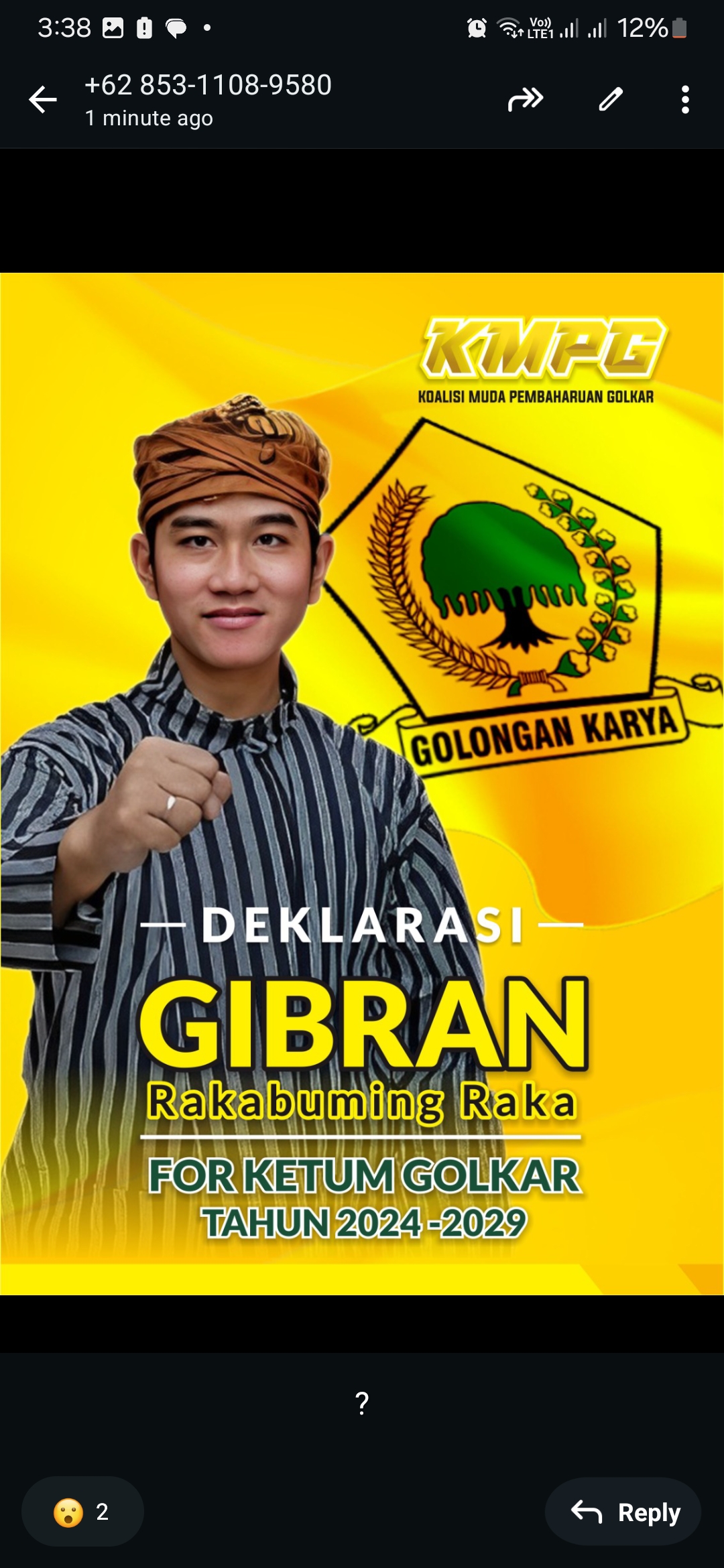 Foto pamflet yang beredar, bertuliskan: Deklarasi Gibran Rakabuming Raka for Ketum Golkar dari Koalisi Muda Pembaharuan Golkar.