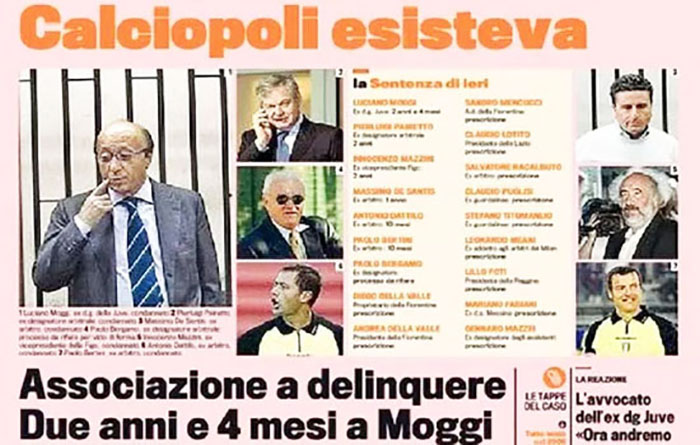 Cetakan koran salah satu media Italia ketika kasus Calciopoli tahun 2006.