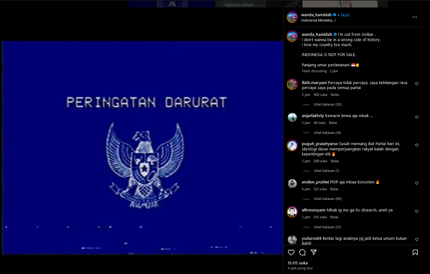 Wanda Hamidah ikut memposting gambar grakan Peringatan Darurat