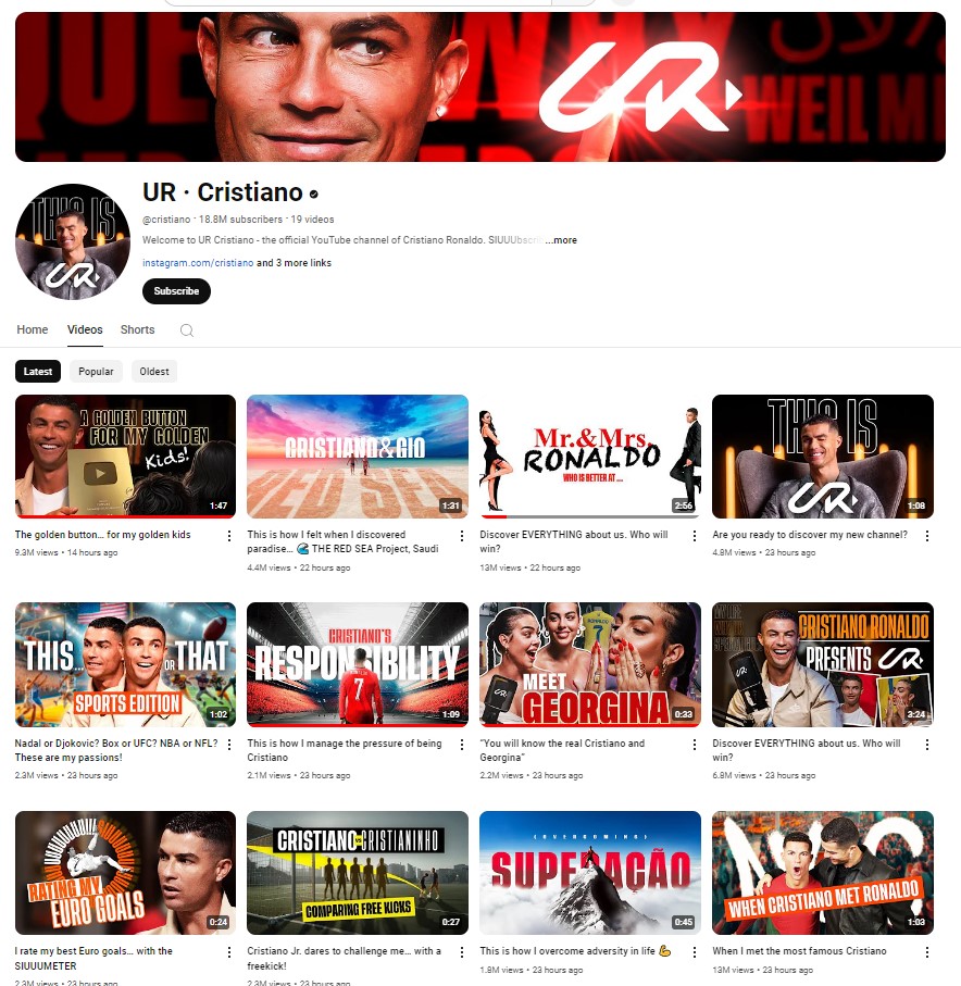 MENARIK NETIZEN: Tampilan channel Youtube Cristiano Ronaldo yang bernama UR.Cristiano.