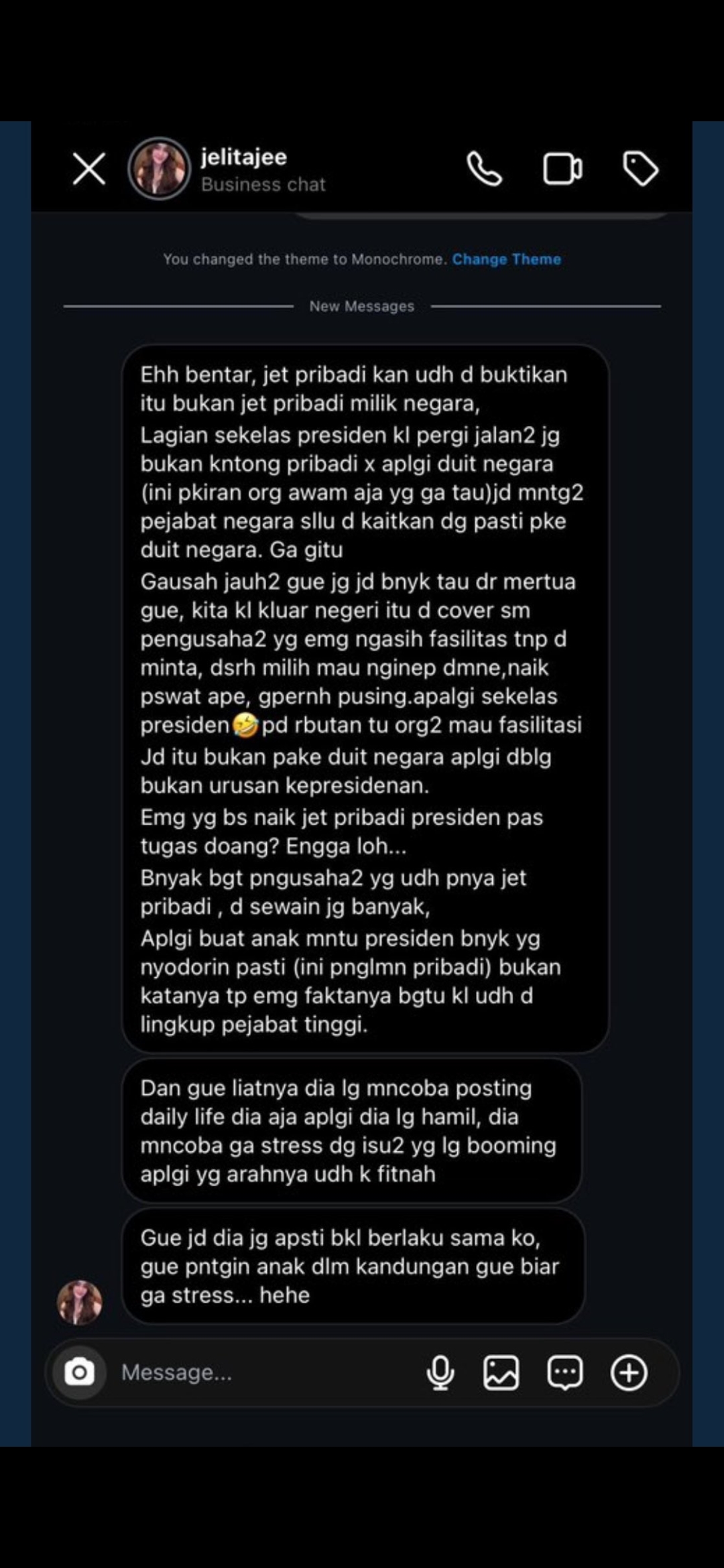 Salah satu obrolan Jelita yang viral di medsos. Kini akun Instagramnya telah hilang. Sumber: Twitter