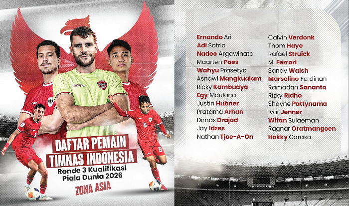 26 pemain yang akan membela Timnas Indonesia dalam putaran ketiga Kualifikasi Piala Dunia 2026