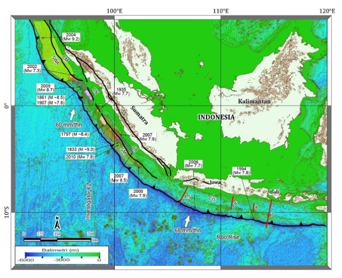 DENAH: Peta sisemic zona megathrust yang berada di selata pulau jawa dan sumatera. (Foto: BMKG)