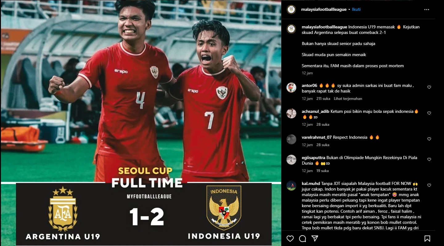 KAGUM: Media Malaysia memposting kemenangan Indonesia U20 setelah come back melawan Argentina U20. (Foto: Tangkapan Layar Instagram)