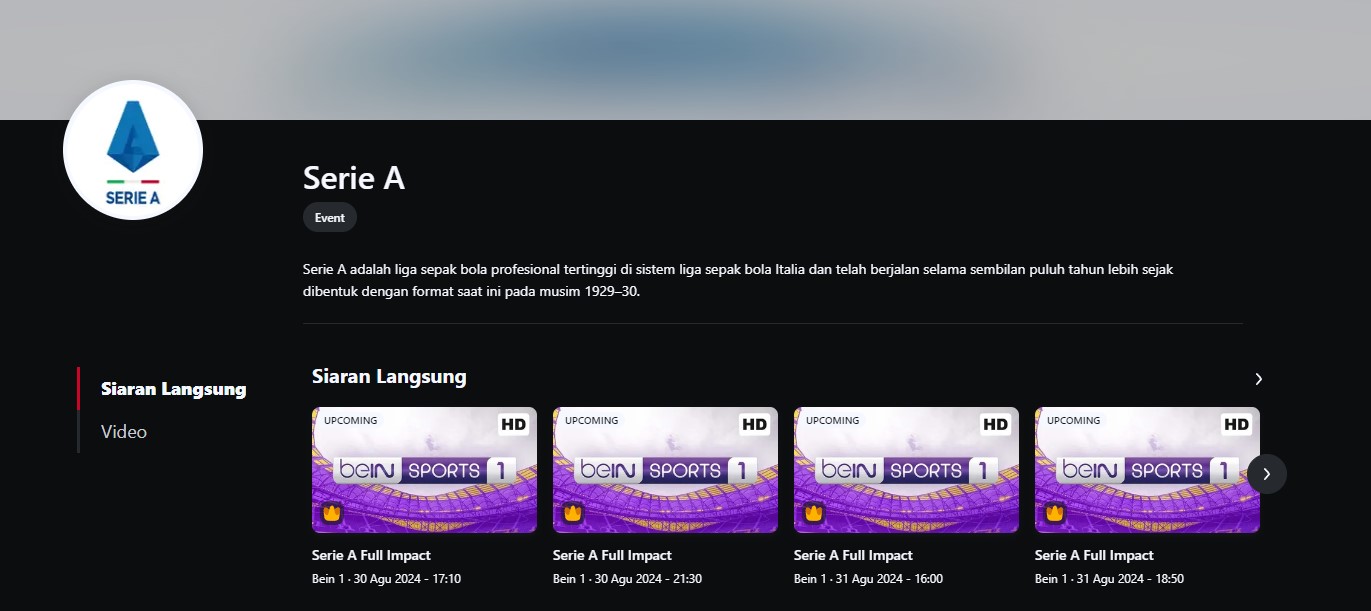 RESMI: beinSports Connect telah memasang paket Serie A Full Impact pada laman Vidio. (Tangkapan Layar)