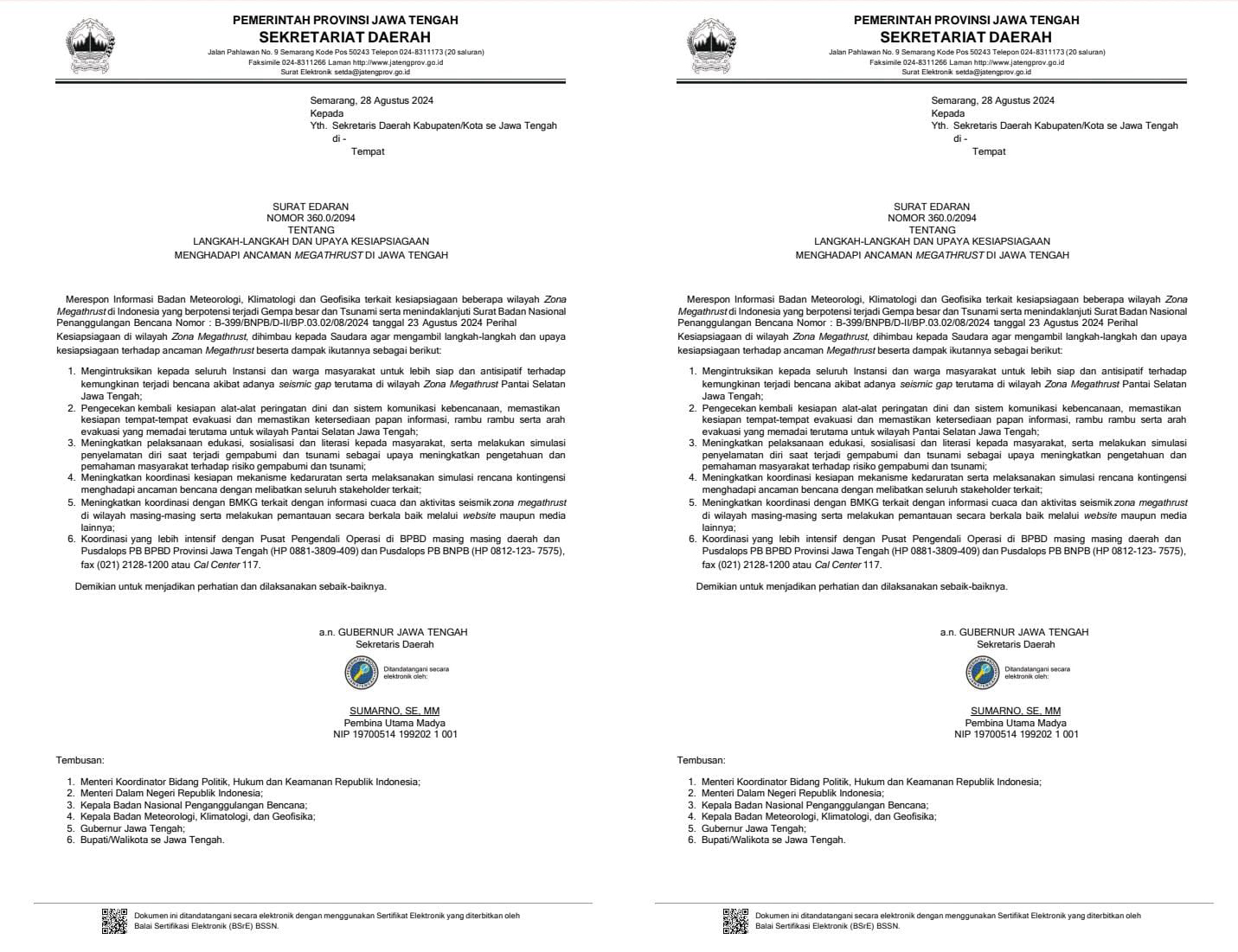 PEMBERITAHUAN: Surat edaran yang di keluarkan pemerintah provinsi (pemprov) jateng dalam upaya mengantisipasi datangnya megathrust. (PEMPROV JATENG UNTUK RADAR KUDUS)