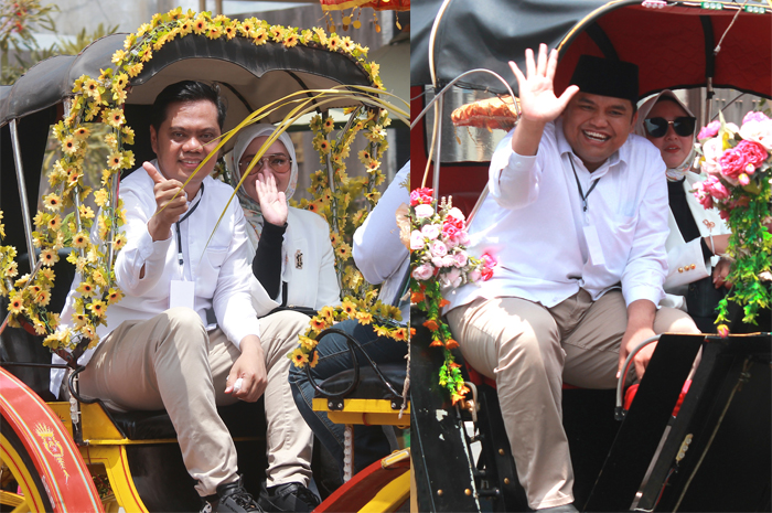 MULUS: Witiarso Utomo dan M. Ibnu Hajar mendaftarkan diri ke KPU dalam pencalonan bupati dan wakil bupati dengan menaiki dokar kemarin.
