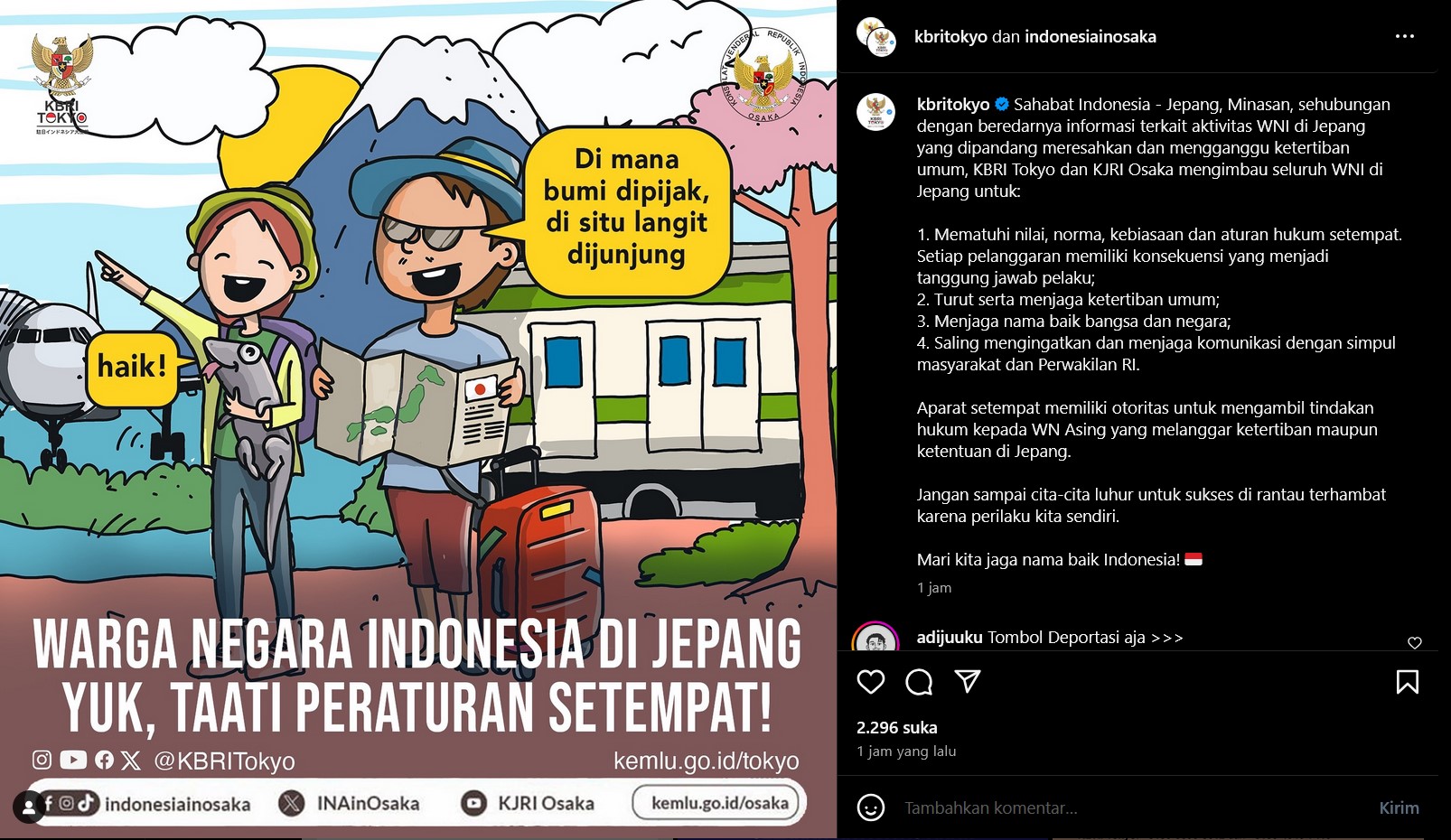 KBRI: Tangkapan Layar KBRI Tokyo perihal perilaku orang Indonesia yang dianggap meresahkan di Jepang. (FOTO: @kbritokyo)