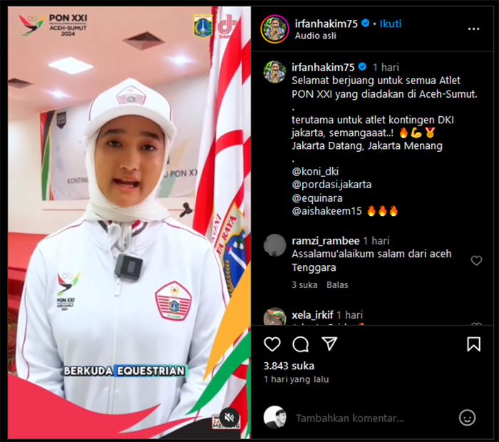 BANGGA: Putri Irfan Hakim, Aisha Hakim bersama dengan Saaih Halilintar lolos ke PON XXI Aceh-Sumut. (FOTO: @irfanhakim)