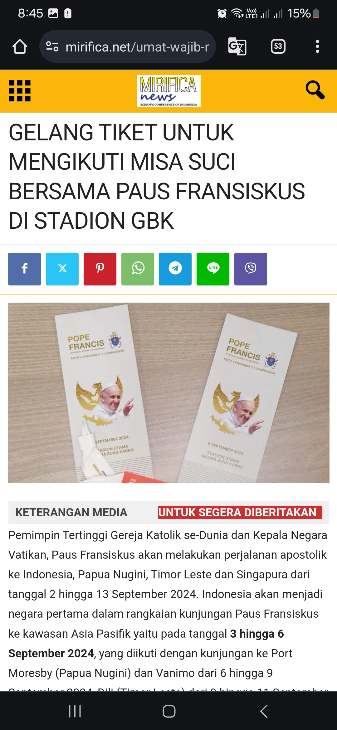 Gelang tiket untuk acara puncak misa di GBK Jakarta. Foto: mirifica.net