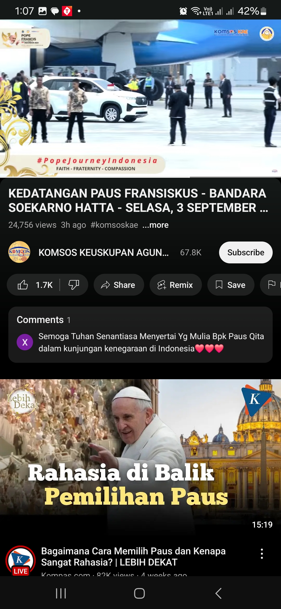 Paus dijemput dengan Innova Zenix. Foto: Tangkapan layar Youtube Komsos Keuskupan Agung.