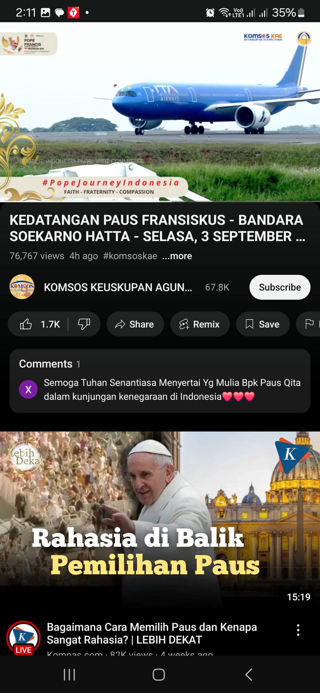 Pesawat yang digunakan Paus dan rombongan. Foto: tangkapan layar Youtube Komsos Keuskupan