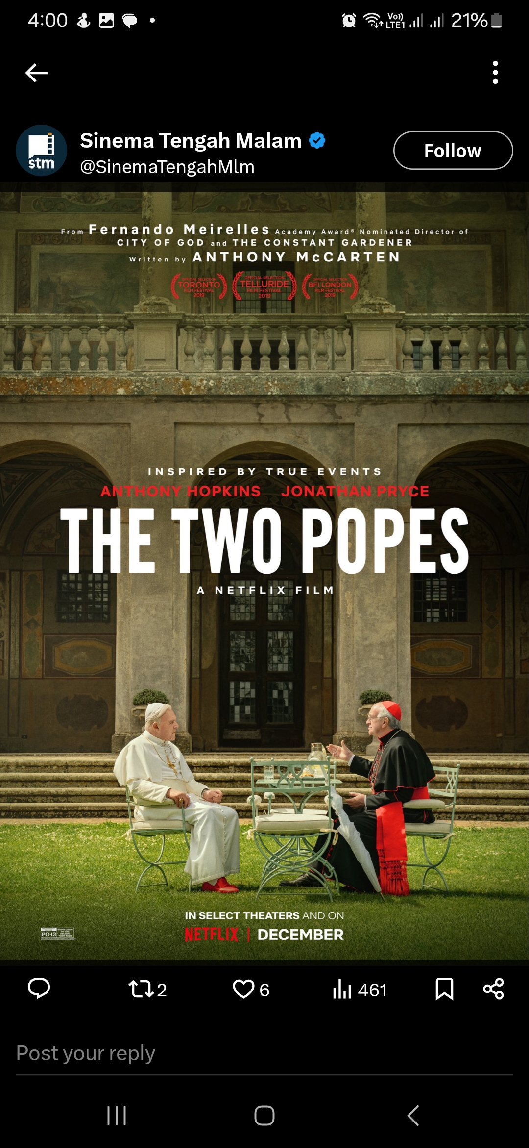 Salah satu adegan mengobrol dua Paus dalam film The Two Popes. Foto: Twitter/X