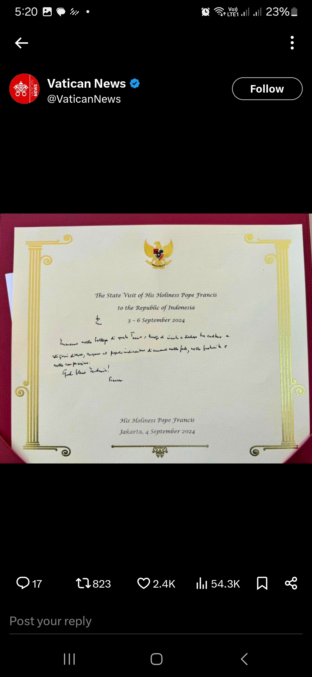 Tulisan Paus. Foto: @VaticanNews